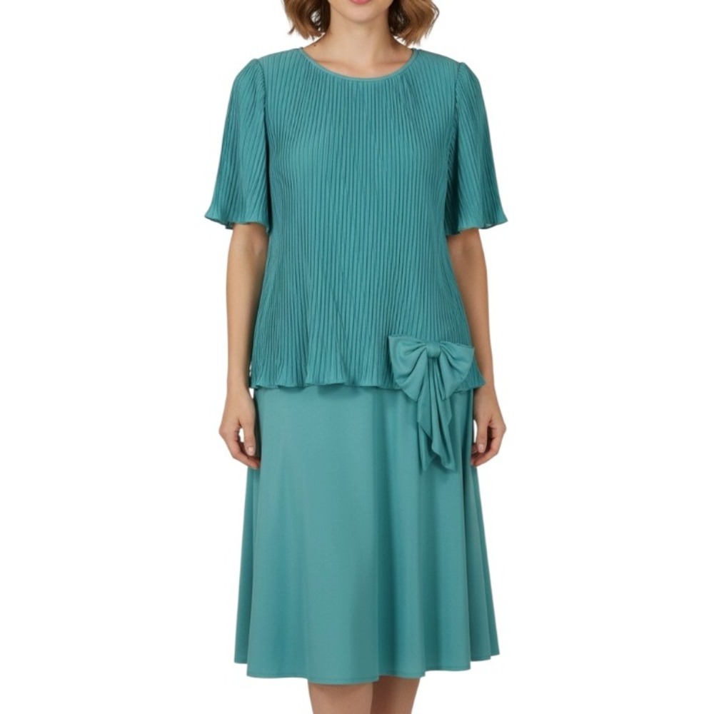 VTG GILBERTI Teal SATIN Pleated LARGE BOW Evening/Party MIDI DROP WAIST DRESS 12